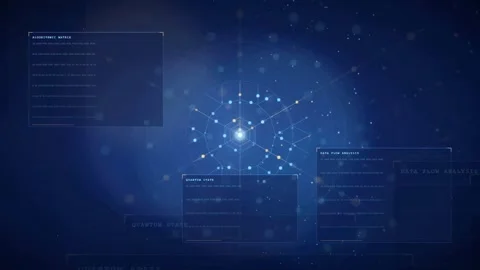 Futuristic Digital Interface with Glowing Data Points and HUD Elements on Dark 库存影片 340393860