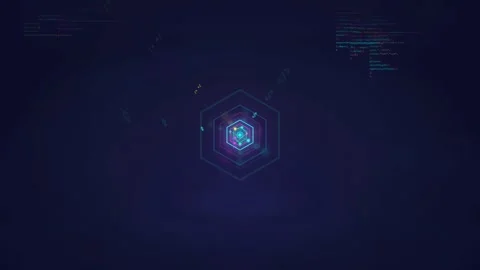 Futuristic Digital Interface with Glowing Hexagon Core and Scrolling Computer Stock Footage 339976420
