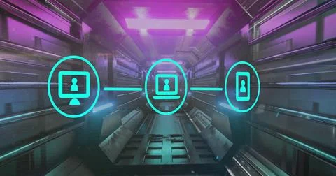 Futuristic digital interface with glowing icons connecting devices in virtual Illustrazione stock