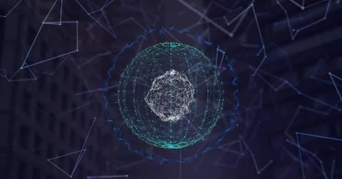 Futuristic digital interface with glowing network sphere and abstract イラスト素材