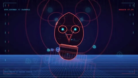 Futuristic Digital Interface with Glowing Red Robot Head and Cyber Security Stock Footage 341834407