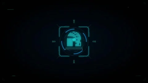 Futuristic digital interface with a glowing teal fingerprint symbol and arr.. 動画素材 335826614