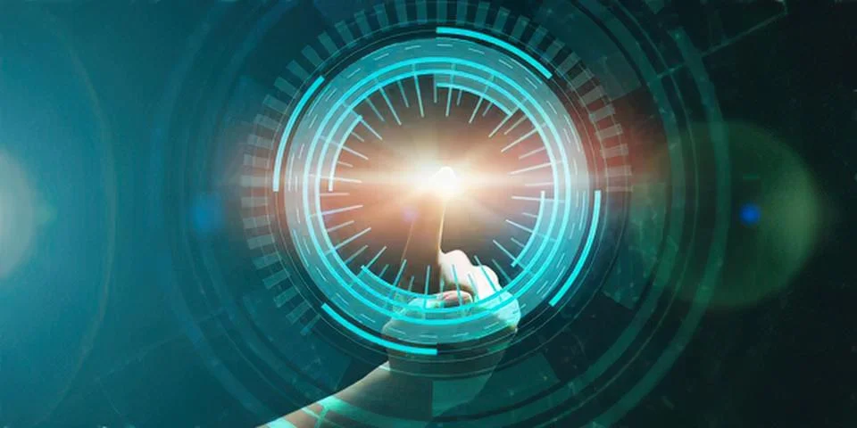 Futuristic digital interface with a hand touching screen Stock Photos