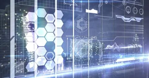 Futuristic digital interface with holographic data and cityscape in background Photos