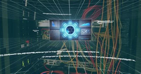 A futuristic digital interface with holographic elements displayed in front of Stock Photos