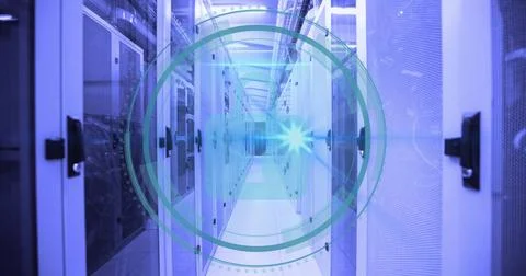 Futuristic digital interface image over modern data center server racks Stock Photos