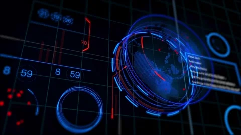A futuristic digital interface with neon blue and red graphics Stock Footage 314935067