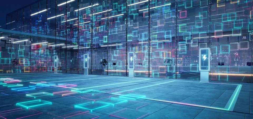 Futuristic digital interface with neon lights display Stock Photos