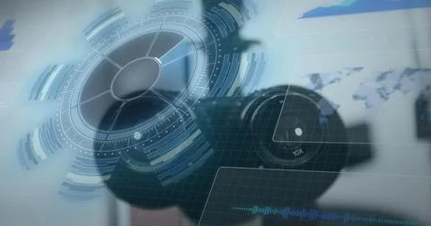 Futuristic digital interface overlay on camera lens, showcasing technology Photos