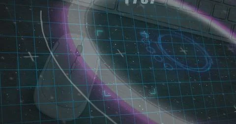 Futuristic digital interface overlaying computer mouse and keyboard on dark desk Photos