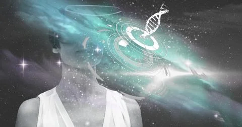 Futuristic digital interface overlaying woman's face with DNA and cosmic Foto stock