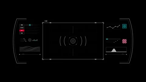 Futuristic digital interface panels display data telemetry on a black backg.. Stock Footage 346616823