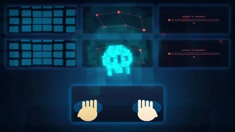 Futuristic Digital Interface with Pixel Art Character and Data Visualization on Stock Footage 341831047