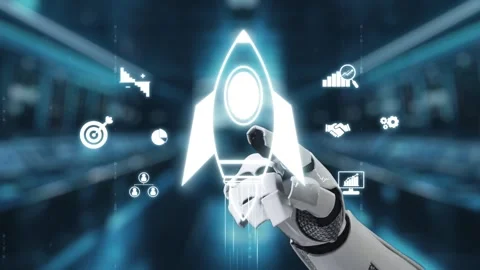 Futuristic digital interface with robot hand interacting with rocket symbol and Stock Footage 310332771