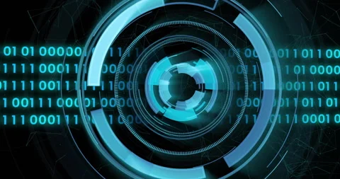 Futuristic digital interface with rotating blue circles and binary code 库存影片 306339376