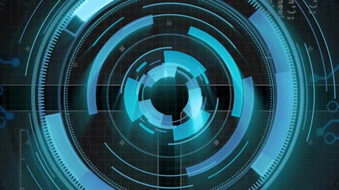 Futuristic digital interface with rotating blue circles and coding animation Stock Footage 313355911