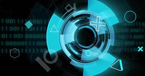 Futuristic digital interface with rotating blue circles and binary code image Stock Photos