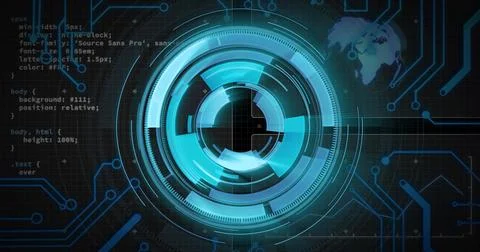 Futuristic digital interface with rotating blue circles and coding image Foto stock