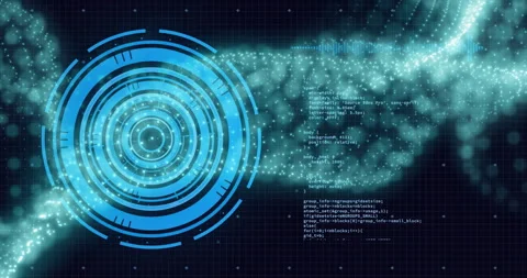 Futuristic digital interface with rotating circles and code animation over grid Stock Footage 305431886