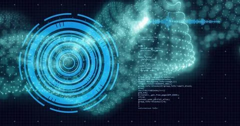 Futuristic digital interface with rotating circles and code image over grid Stock Illustration