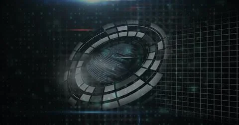 Futuristic digital interface with rotating circular elements and grid background Stock Photos