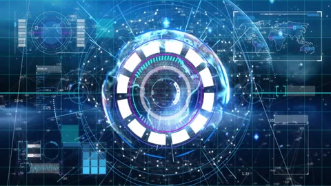 Futuristic digital interface with rotating elements and data visualization Stock Footage 305621930