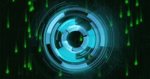 Futuristic digital interface with rotating elements and binary code animation Stock Footage 306507308