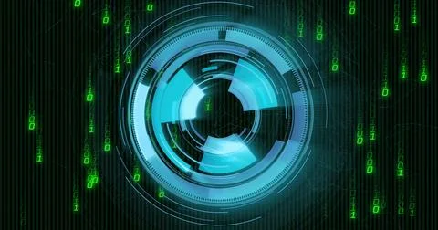 Futuristic digital interface with rotating elements and binary code image Stock Photos