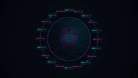 Futuristic digital interface with rotating holographic data charts and Stock Footage 344775626