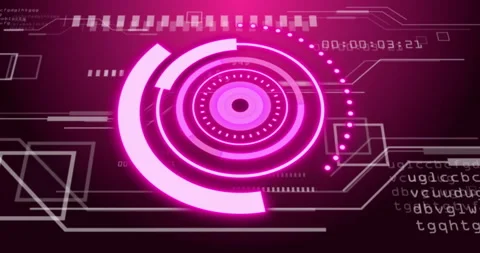 Futuristic digital interface with rotating pink circles and binary coding Stock Footage 306434863