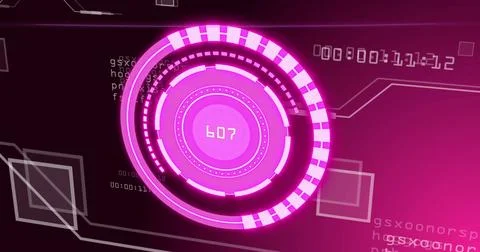 Futuristic digital interface with rotating pink circles and data processing Stock Illustration