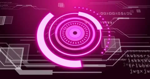 Futuristic digital interface with rotating pink circles and binary coding image Stock Photos
