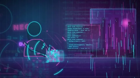 Futuristic Digital Interface with Scrolling Code and Neon Data Visualizations Stock Footage 341823385