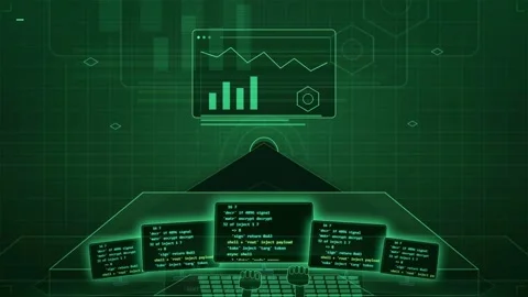 Futuristic Digital Interface with Scrolling Code and Data Visualizations on a Stock Footage 341825314