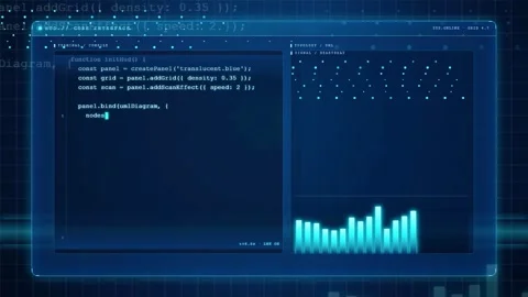 Futuristic Digital Interface with Scrolling Computer Code and Blue Audio Stockbeeldmateriaal 343160656