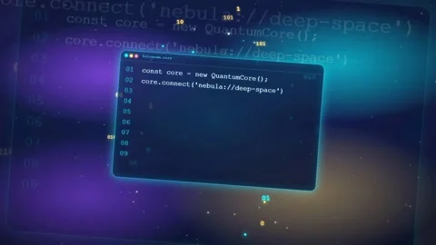 Futuristic Digital Interface with Scrolling Computer Code and Glowing Data Stock-Footage 343165927