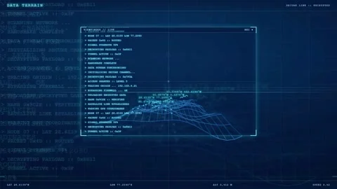 Futuristic Digital Interface with Scrolling Data Code and Blue Holographic Stock Footage 343154622