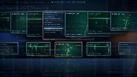 Futuristic Digital Interface with Scrolling Data and Holographic HUD Elements Stock Footage 343159574