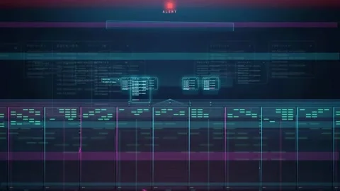 Futuristic Digital Interface with Scrolling Data Streams and Server Status Stockbeeldmateriaal 343161916