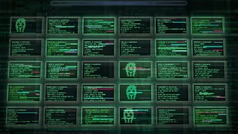 Futuristic Digital Interface with Scrolling Green Code and Data Analysis on Stockbeeldmateriaal 343171246