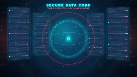 Futuristic Digital Interface with Secure Data Core and Cyber Security Lock Видео 343154273