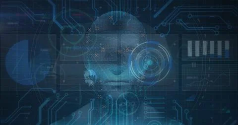 Futuristic digital interface showing abstract human face with data charts and Stock Photos