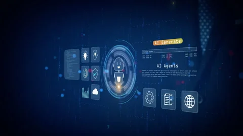 Futuristic digital interface showing AI agent hologram with businessman 库存影片 330983412