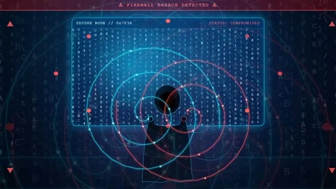 Futuristic Digital Interface Showing Cybersecurity Breach with Data Stock Footage 343152817