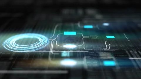 Futuristic digital interface showing a glowing circular data node connected to 스톡 동영상 328698959