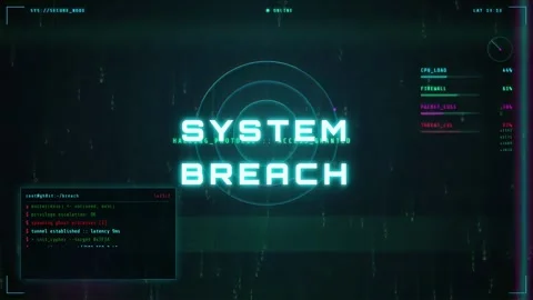 Futuristic Digital Interface Showing System Breach Warning with Scrolling Code Stock Footage 345765514