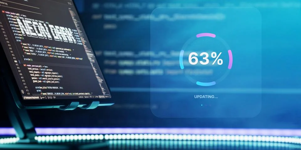 Futuristic digital interface showing system update process with a loading p.. Stock Photos