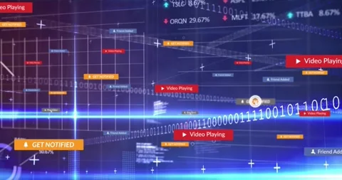 Futuristic digital interface streaming neon light beams and binary data with Stock Footage 327063744