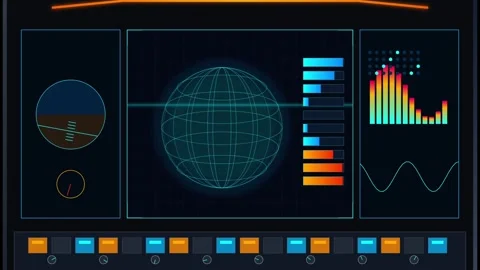 Futuristic digital interface with wireframe globe and data visualization Stock Footage 348198665