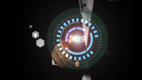Futuristic Digital Interface with Year 2029, Person interacts with a futuri.. Vídeo Stock 327856396